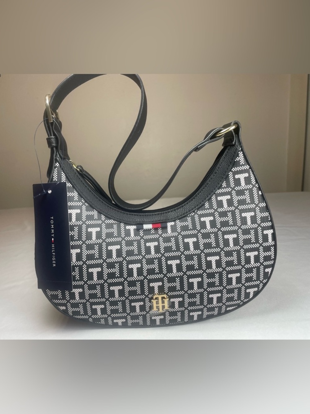 Tommy Hilfiger Black and White Monogram Shoulder Bag